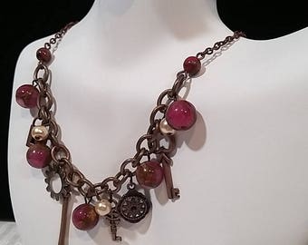Steampunk Inspired Multitone Necklace Set with Glass Pearl and Pink Accents- Only 1 Available