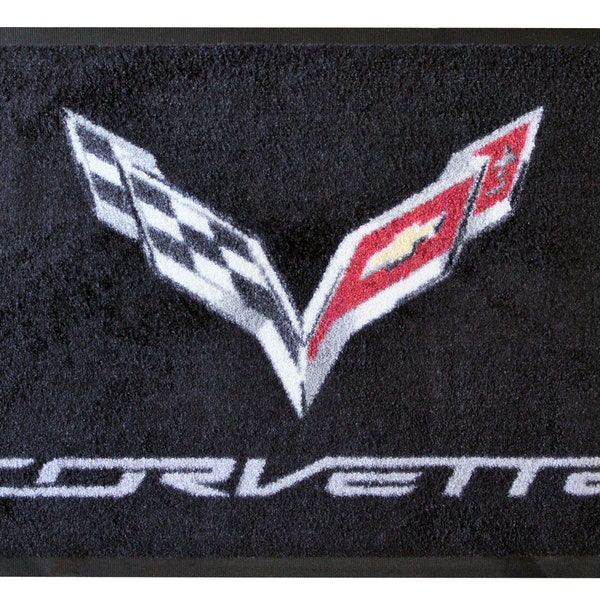 Corvette C7 Crossed Flags Floor Door Mat, Black