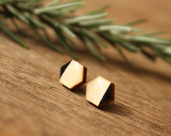 Black and natural Brown Stud Earrings- Hexagon Earrings -  Wooden Earrings - Minimalist Studs - Unisex Earrings - Men's Earrings
