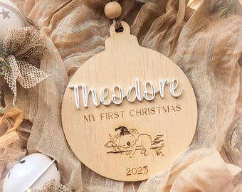 Personalised First Christmas Ornament: Acrylic Name, Timber Bauble