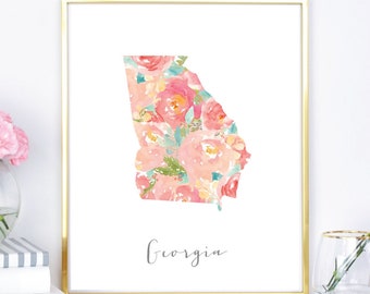 Georgia Watercolor Flower State, Georgia State, Georgia Peach, Georgia Flower print, peach print, Georgia on my mind,  watercolor state