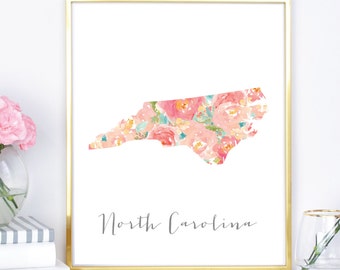 North Carolina Floral Watercolor Art Print: State Wall Decor (DIY Printable)