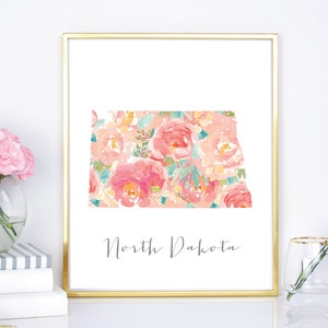 North Dakota Floral Watercolor State, 8x10, 16x20, DIY printable