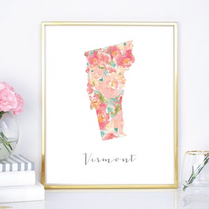Vermont Floral Watercolor State, 8x10, 16x20, DIY printable — Burlington, VT