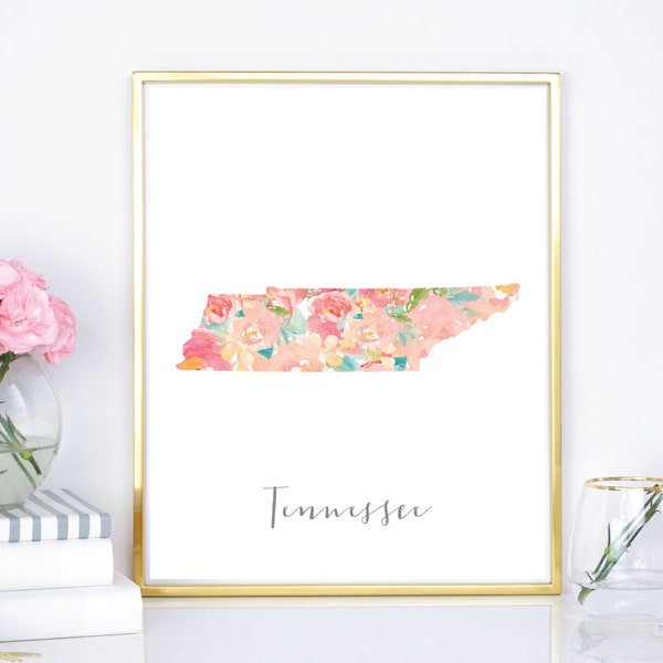 Tennessee Floral Watercolor State, 8x10, 16x20, DIY printable - Chic wall decor - Housewarming print - Flower watercolor state print