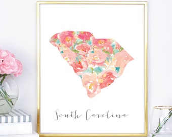 South Carolina Floral Watercolor State, 8x10, 16x20, DIY printable - Chic State wall decor - Southern Decor - Flower watercolor state print