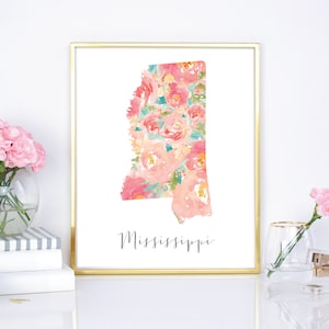 Estado de Mississippi con flores de acuarela, póster estatal de 40 x 50 cm, impresión de 20 x 25 cm, imprimible DIY - Decoración de pared elegante del estado - Regalo de inauguración de la casa, Decoración del hogar