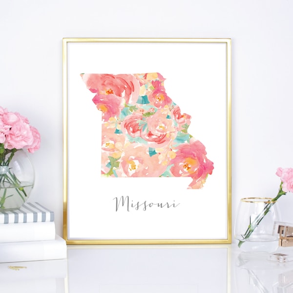 Missouri Watercolor Flower State, 16x20 state poster, 8x10 print, DIY printable - Chic State wall decor - Housewarming gift, Home Decor