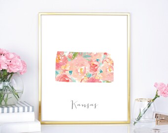 Kansas Watercolor Flower State - 8x10 print - 16x20 Print - DIY Print - Digital Download Print - Chic Wall Decor - Watercolor Floral State