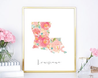 Louisiana Watercolor Flower State - 8x10 print - 16x20 - DIY Print - Digital Download Print - Chic Wall Decor - Watercolor Floral State