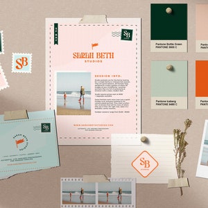 May include: A pink and white flyer with the text "Sarah Beth Studios" and a logo of a flag with the letters "SB" inside. The flyer also includes a photo of a beach scene with two people walking on the sand. The flyer is surrounded by color swatches and other branding elements.