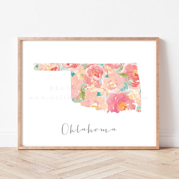 Oklahoma State Watercolor, 8x10, 16x20 DIY printable, State flower wall decor, Housewarming gift, Flower watercolor Floral State Art Print