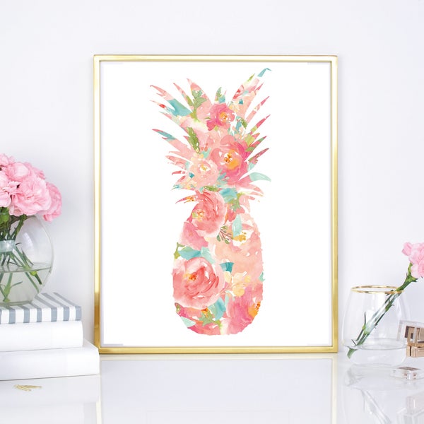 Floral Pineapple Print, Pineapple Floral Watercolor 8x10 print, Pineapple nursery decor, floral Pineapple party decor, pineapple printable