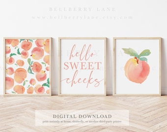 Peach Watercolor Print Set: Hello Sweet Cheeks, Nursery Decor (Digital Download)