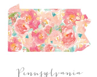Pennsylvania Floral Watercolor State, 8x10, 16x20, DIY printable wall decor — Philadelphia, Pittsburgh, Poconos