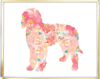 Goldendoodle print, Golden-doodle watercolor print, Golden-doodle floral dog print, goldendoodle art print, golden doodle dog print