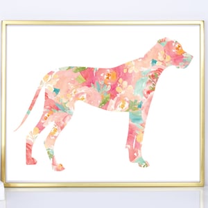 Great dane watercolor dog print, great dane floral 8x10 16x20 nursery print, office, home, wall decor, floral nursery decor, pink wall print