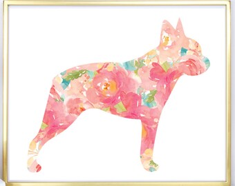 Watercolor Boston Terrier Floral Print: Nursery Wall Art (Digital Download)