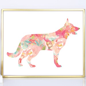 Impresión floral en acuarela de pastor alemán: Arte canino (descarga digital)