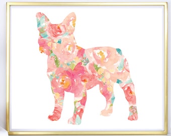 Frenchie watercolor dog print, French Bulldog Watercolor, 8x10 print, 16x20, French bulldog floral dog print, Nursery decor, pet wall decor