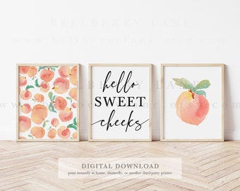 Peach Watercolor Print Set: Hello Sweet Cheeks Art (Digital Download)