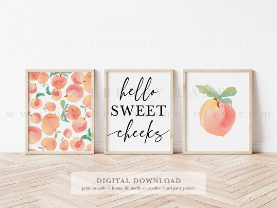 Set Of 3 Hello Sweet Cheeks Peach Prints Just Peachy Etsy set of 3 hello sweet cheeks peach prints just peachy sweet peach print peach decor peach wall art peach bathroom peach printables