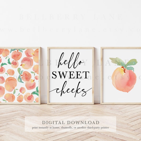 Peach Watercolor Print Set: Hello Sweet Cheeks Art (Digital Download)