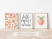 Set of 3, Hello Sweet Cheeks + Peach prints, just peachy, sweet peach print, peach decor, peach wall art, peach bathroom, peach printables 