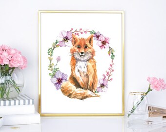 Fox floral Watercolor - 8x10 Print - instant download - watercolor art printable - fox art print - animal watercolor - Boho Chic watercolor