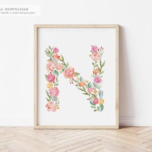 Letra N: impresión de monograma floral en acuarela, decoración de guardería de bebé de reliquia / imprimible de 8 x 10