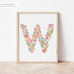 Letter W — Watercolor Floral Monogram print, Heirloom Baby Nursery Decor | 8x10 Printable