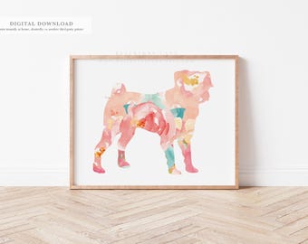 May include: A digital download of a watercolor floral silhouette of a dog. The dog is outlined in pink and peach flowers with green leaves. The background is white.