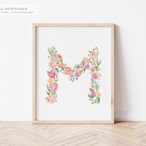 Letter M — Watercolor Floral Monogram print, Heirloom Baby Nursery Decor | 8x10 Printable