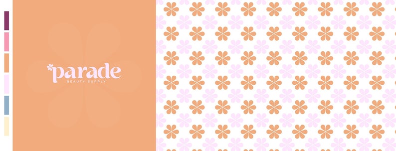 May include: A peach-colored background with the text "*parade beauty supply" in white. The background is a seamless pattern of small pink and orange flowers.