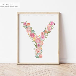 Letra Y — Monograma floral em aquarela, decoração de berçário de bebê | 8x10 para impressão