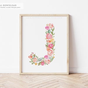 Letra J — Monograma floral em aquarela, decoração de berçário de bebê | 8x10 para impressão