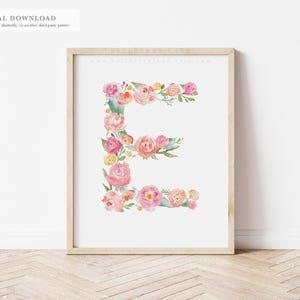 Letra E - Impresión de monograma floral en acuarela, decoración de guardería de bebé de reliquia / Imprimible de 8 x 10
