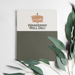 May include: A white and green brochure with the text "Wandering Roll Deli" and a logo of a brown food truck with a white lightning bolt.