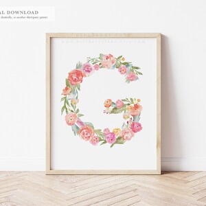 Letra G: impresión de monograma floral en acuarela, decoración de guardería de bebé de reliquia / imprimible de 8 x 10