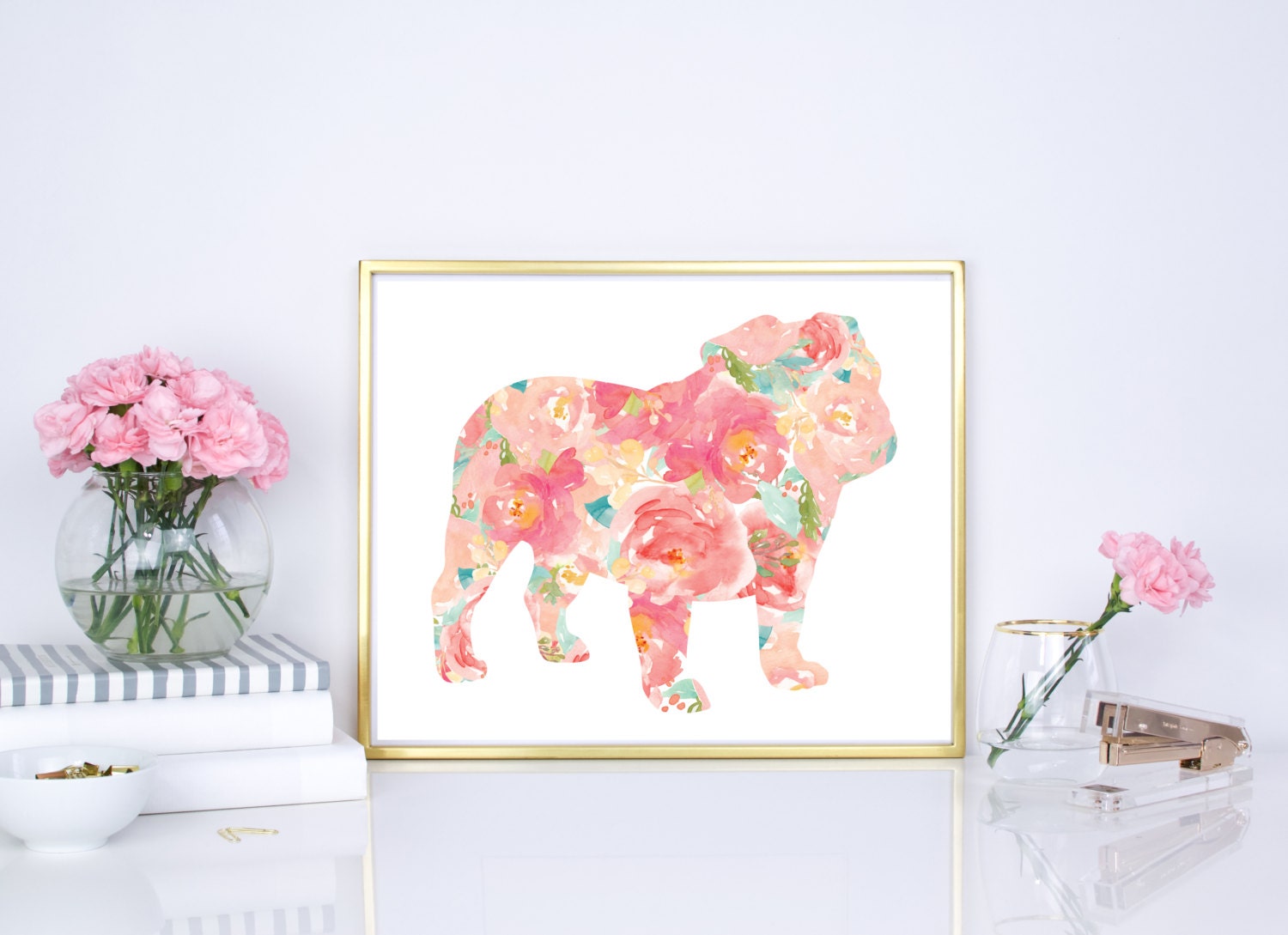 Floral Bulldog Watercolor Print: Nursery Wall Art (Digital Download)