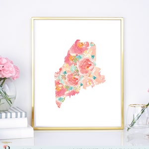 Maine State - Floral watercolor state print, state map print, flower state art, map art print, maine map print, maine poster map