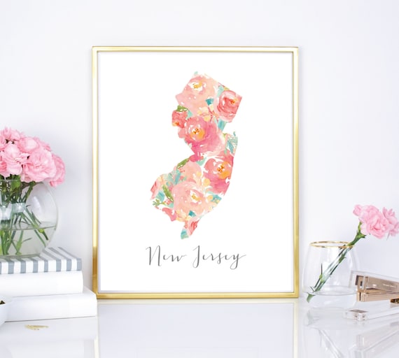 New Jersey Watercolor Flower Map Art Print (Digital Download)