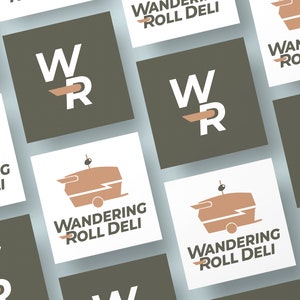 May include: A collection of business cards with a logo featuring the letters "WR" and the text "Wandering Roll Deli". The logo also includes a stylized image of a food truck.