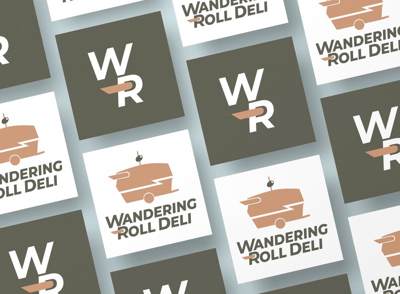 May include: A collection of business cards with a logo featuring the letters "WR" and the text "Wandering Roll Deli". The logo also includes a stylized image of a food truck.
