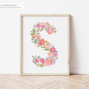 Letra S: impresión de monograma floral en acuarela, decoración de guardería de bebé de reliquia / imprimible de 8 x 10
