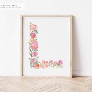 Letra L: impresión de monograma floral en acuarela, decoración de guardería de bebé de reliquia / imprimible de 8 x 10