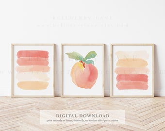 Watercolor Peach Prints, Sweet as a Peach, Set of 3, Peachy art, Peach bathroom, Peach home decor, Peach party, Peach wall art, Sweet Cheeks