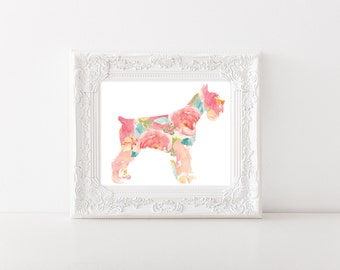 Schnauzer aquarel kunstafdruk: bloemen hondenportret (8 x 10, digitale download)