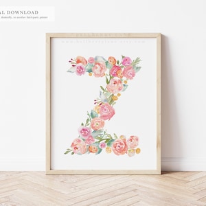 Letra Z: impresión de monograma floral en acuarela, decoración de guardería de bebé de reliquia / imprimible de 8 x 10