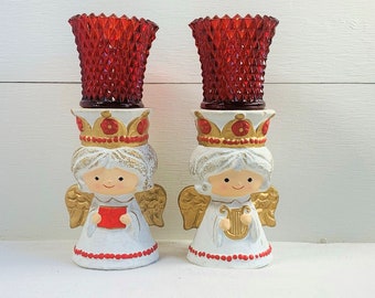 Vintage Homco Christmas Choir Angel Candleholders, Amberina Red Glass Sconces, Homco #5203, Ceramic Bisque, Vintage Christmas Decor